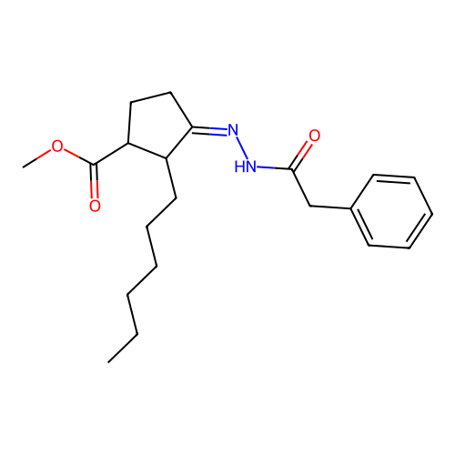 methyl (3Z)-2-hexyl-3-[2-(phenylacetyl)hydrazinylidene]cyclopentanecarboxylate structure