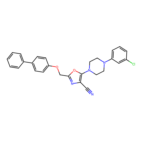 5-[4-(3-chlorophenyl)piperazin-1-yl]-2-[(4-phenylphenoxy)methyl]-1,3-oxazole-4-carbonitrile structure