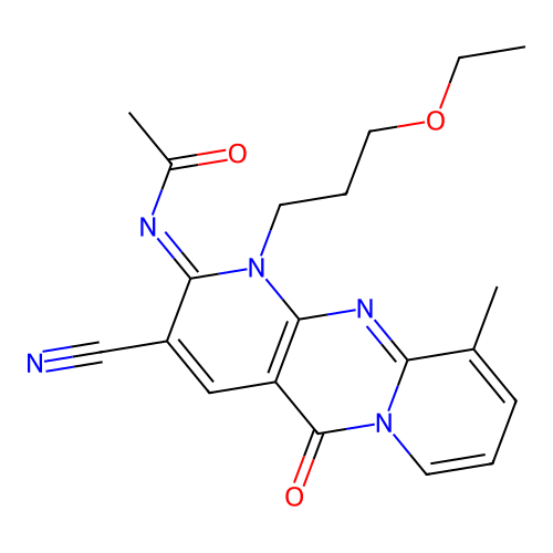N-[3-Cyano-1-(3-ethoxy-propyl)-8-methyl-10-oxo-1,10-dihydro-1,9,10a-triaza-anthracen-(2E)-ylidene]-a cetamide structure