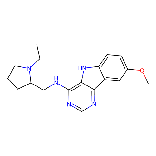 N-[(1-ethylpyrrolidin-2-yl)methyl]-8-methoxy-5H-pyrimido[5,4-b]indol-4-amine structure