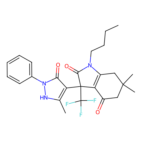 1-butyl-3-(5-hydroxy-3-methyl-1-phenyl-1H-pyrazol-4-yl)-6,6-dimethyl-3-(trifluoromethyl)-3,5,6,7-tetrahydro-1H-indole-2,4-dione structure