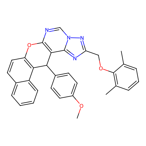 2-[(2,6-dimethylphenoxy)methyl]-14-(4-methoxyphenyl)-14H-benzo[5,6]chromeno[3,2-e][1,2,4]triazolo[1,5-c]pyrimidine structure