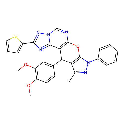 11-(3,4-dimethoxyphenyl)-10-methyl-8-phenyl-2-(thiophen-2-yl)-8,11-dihydropyrazolo[4',3':5,6]pyrano[3,2-e][1,2,4]triazolo[1,5-c]pyrimidine structure