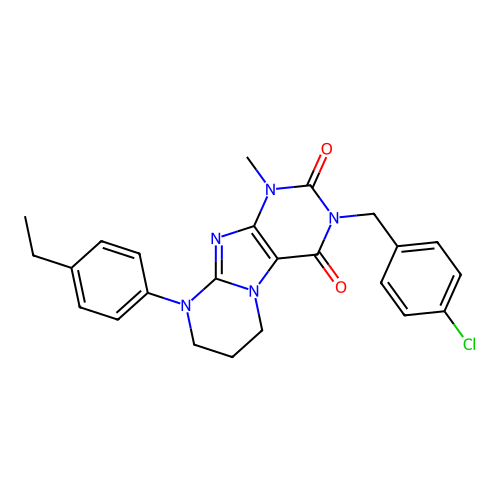 3-(4-chlorobenzyl)-9-(4-ethylphenyl)-1-methyl-6,7,8,9-tetrahydropyrimido[2,1-f]purine-2,4(1H,3H)-dione structure