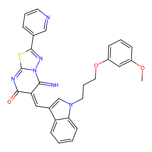 (E)-5-imino-6-((1-(3-(3-methoxyphenoxy)propyl)-1H-indol-3-yl)methylene)-2-(pyridin-3-yl)-5H-[1,3,4]thiadiazolo[3,2-a]pyrimidin-7(6H)-one structure