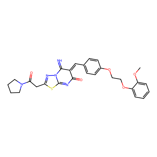 (6Z)-5-imino-6-[[4-[2-(2-methoxyphenoxy)ethoxy]phenyl]methylidene]-2-(2-oxo-2-pyrrolidin-1-ylethyl)-[1,3,4]thiadiazolo[3,2-a]pyrimidin-7-one structure