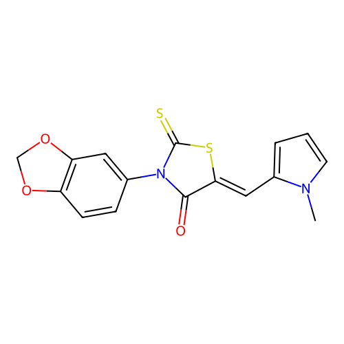 (Z)-3-(benzo[d][1,3]dioxol-5-yl)-5-((1-methyl-1H-pyrrol-2-yl)methylene)-2-thioxothiazolidin-4-one structure