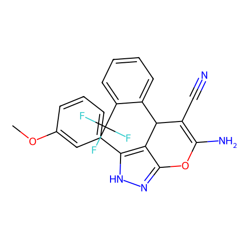 6-amino-3-(3-methoxyphenyl)-4-[2-(trifluoromethyl)phenyl]-2,4-dihydropyrano[2,3-c]pyrazole-5-carbonitrile structure