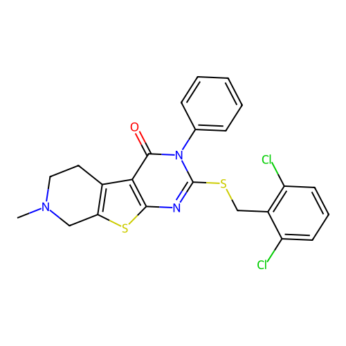 2-((2,6-dichlorobenzyl)thio)-7-methyl-3-phenyl-5,6,7,8-tetrahydropyrido[4',3':4,5]thieno[2,3-d]pyrimidin-4(3H)-one structure