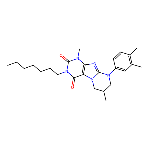 9-(3,4-dimethylphenyl)-3-heptyl-1,7-dimethyl-6,7,8,9-tetrahydropyrimido[2,1-f]purine-2,4(1H,3H)-dione structure