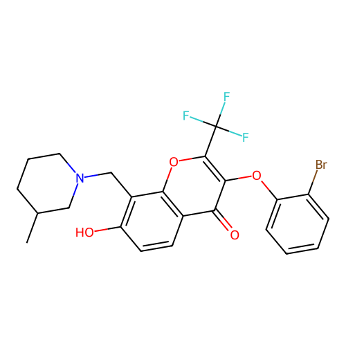 3-(2-bromophenoxy)-7-hydroxy-8-[(3-methylpiperidin-1-yl)methyl]-2-(trifluoromethyl)-4H-chromen-4-one structure