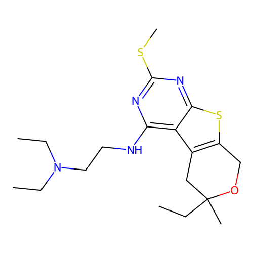 N,N-diethyl-N'-[6-ethyl-6-methyl-2-(methylsulfanyl)-5,8-dihydro-6H-pyrano[4',3':4,5]thieno[2,3-d]pyrimidin-4-yl]ethane-1,2-diamine structure