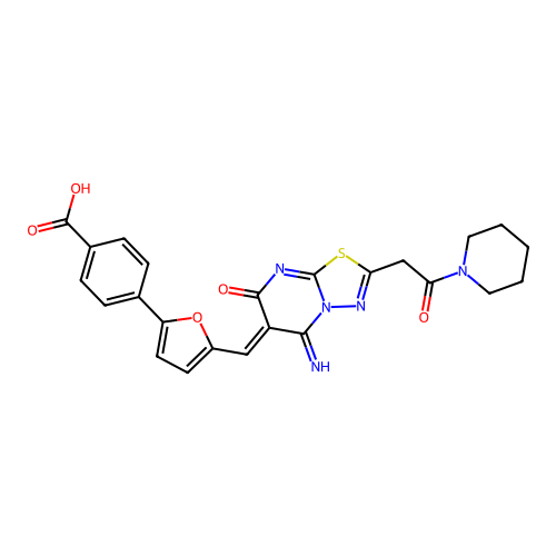 (Z)-4-(5-((5-imino-7-oxo-2-(2-oxo-2-(piperidin-1-yl)ethyl)-5H-[1,3,4]thiadiazolo[3,2-a]pyrimidin-6(7H)-ylidene)methyl)furan-2-yl)benzoic acid structure