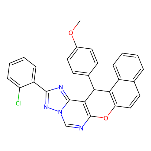 2-(2-chlorophenyl)-14-(4-methoxyphenyl)-14H-benzo[5,6]chromeno[3,2-e][1,2,4]triazolo[1,5-c]pyrimidine structure