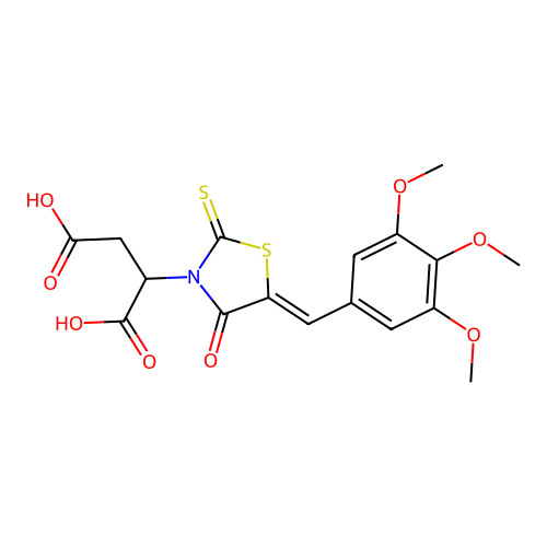 (Z)-2-(4-oxo-2-thioxo-5-(3,4,5-trimethoxybenzylidene)thiazolidin-3-yl)succinic acid structure