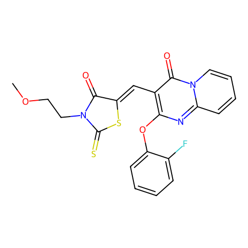 2-(2-fluorophenoxy)-3-{(Z)-[3-(2-methoxyethyl)-4-oxo-2-thioxo-1,3-thiazolidin-5-ylidene]methyl}-4H-pyrido[1,2-a]pyrimidin-4-one structure