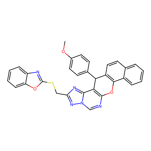 2-((benzo[d]oxazol-2-ylthio)methyl)-14-(4-methoxyphenyl)-14H-benzo[7,8]chromeno[3,2-e][1,2,4]triazolo[1,5-c]pyrimidine structure