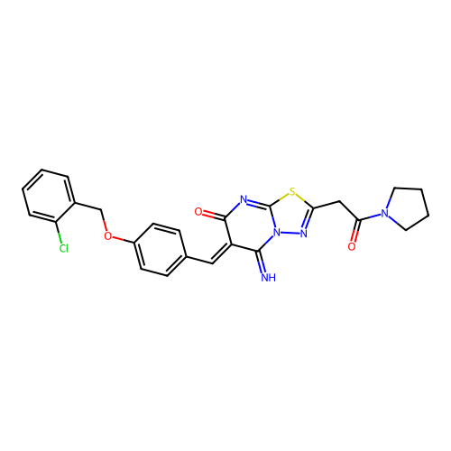 (6Z)-6-[[4-[(2-chlorophenyl)methoxy]phenyl]methylidene]-5-imino-2-(2-oxo-2-pyrrolidin-1-ylethyl)-[1,3,4]thiadiazolo[3,2-a]pyrimidin-7-one structure