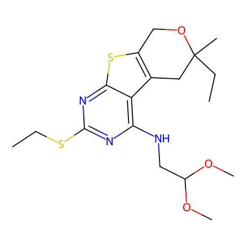 N-(2,2-dimethoxyethyl)-6-ethyl-2-(ethylsulfanyl)-6-methyl-5,8-dihydro-6H-pyrano[4',3':4,5]thieno[2,3-d]pyrimidin-4-amine structure