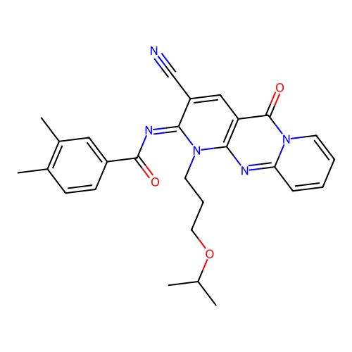 (E)-N-(3-cyano-1-(3-isopropoxypropyl)-5-oxo-1H-dipyrido[1,2-a:2',3'-d]pyrimidin-2(5H)-ylidene)-3,4-dimethylbenzamide structure