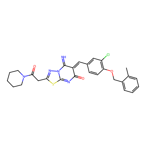 (6Z)-6-[[3-chloro-4-[(2-methylphenyl)methoxy]phenyl]methylidene]-5-imino-2-(2-oxo-2-piperidin-1-ylethyl)-[1,3,4]thiadiazolo[3,2-a]pyrimidin-7-one structure