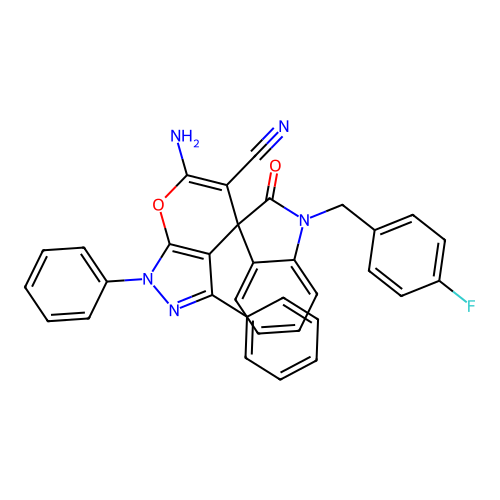 6'-amino-1-(4-fluorobenzyl)-2-oxo-1',3'-diphenyl-1'H-spiro[indoline-3,4'-pyrano[2,3-c]pyrazole]-5'-carbonitrile structure