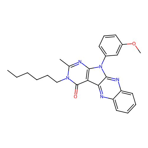 3-hexyl-11-(3-methoxyphenyl)-2-methyl-3,11-dihydro-4H-pyrimido[5',4':4,5]pyrrolo[2,3-b]quinoxalin-4-one structure