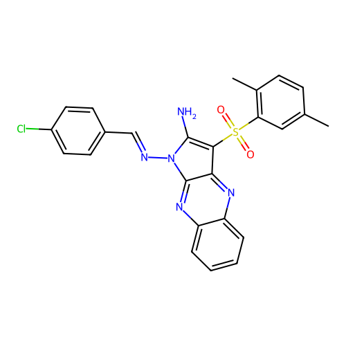 (E)-N1-(4-chlorobenzylidene)-3-((2,5-dimethylphenyl)sulfonyl)-1H-pyrrolo[2,3-b]quinoxaline-1,2-diamine structure