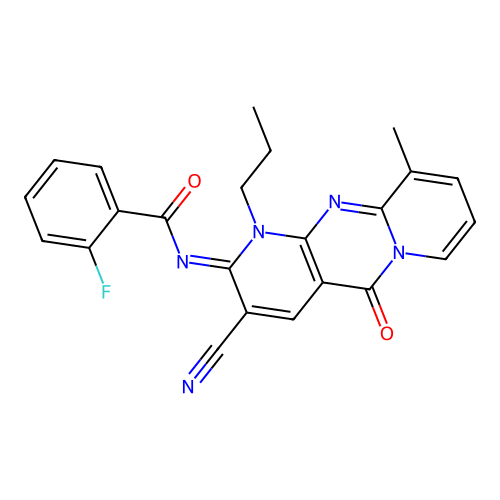 (E)-N-(3-cyano-10-methyl-5-oxo-1-propyl-1H-dipyrido[1,2-a:2',3'-d]pyrimidin-2(5H)-ylidene)-2-fluorobenzamide structure