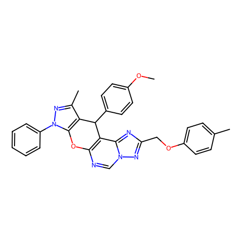 11-(4-methoxyphenyl)-10-methyl-2-[(4-methylphenoxy)methyl]-8-phenyl-8,11-dihydropyrazolo[4',3':5,6]pyrano[3,2-e][1,2,4]triazolo[1,5-c]pyrimidine structure