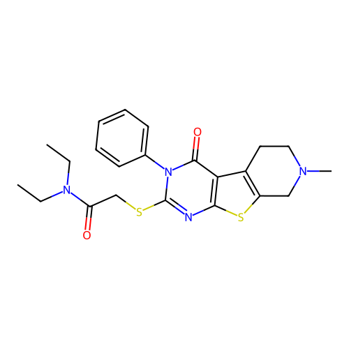 N,N-diethyl-2-((7-methyl-4-oxo-3-phenyl-3,4,5,6,7,8-hexahydropyrido[4',3':4,5]thieno[2,3-d]pyrimidin-2-yl)thio)acetamide structure