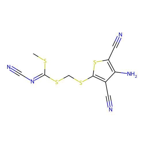 [(4-amino-3,5-dicyanothiophen-2-ylthio)methyl]methyl cyanocarbonimidodithioate structure