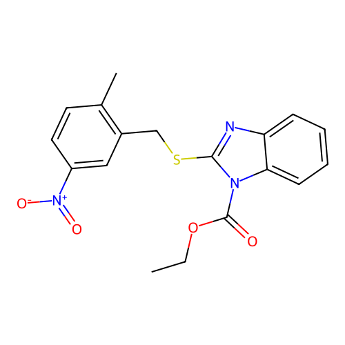 Ethyl 2-((2-methyl-5-nitrobenzyl)thio)-1H-benzo[d]imidazole-1-carboxylate structure
