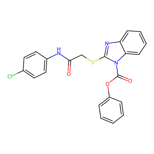 Phenyl 2-[(4-chlorophenylcarbamoyl)methylthio]-1H-benzo[d]imidazole-1-carboxylate structure