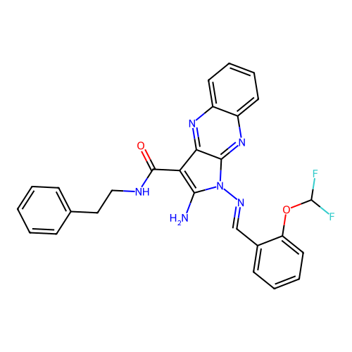 (E)-2-amino-1-((2-(difluoromethoxy)benzylidene)amino)-N-phenethyl-1H-pyrrolo[2,3-b]quinoxaline-3-carboxamide structure