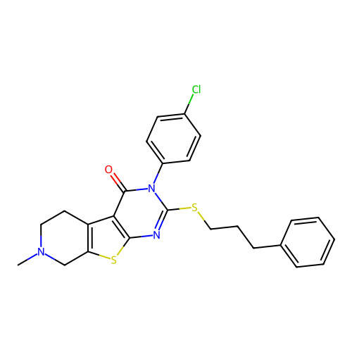 3-(4-chlorophenyl)-7-methyl-2-((3-phenylpropyl)thio)-5,6,7,8-tetrahydropyrido[4',3':4,5]thieno[2,3-d]pyrimidin-4(3H)-one structure