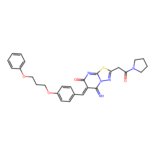 (6Z)-5-imino-2-(2-oxo-2-pyrrolidin-1-ylethyl)-6-[[4-(3-phenoxypropoxy)phenyl]methylidene]-[1,3,4]thiadiazolo[3,2-a]pyrimidin-7-one structure