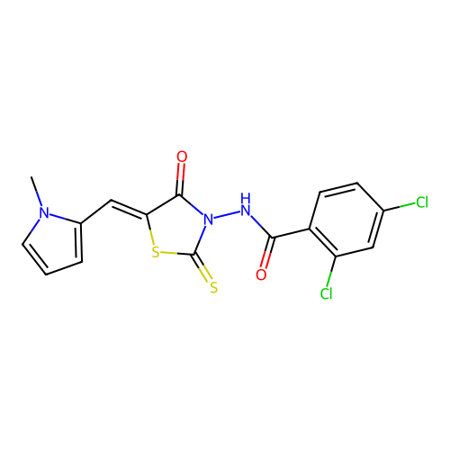 (Z)-2,4-dichloro-N-(5-((1-methyl-1H-pyrrol-2-yl)methylene)-4-oxo-2-thioxothiazolidin-3-yl)benzamide structure