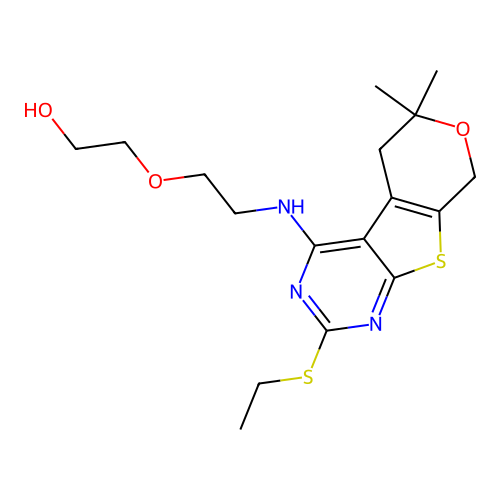 2-(2-((2-(ethylthio)-6,6-dimethyl-6,8-dihydro-5H-pyrano[4',3':4,5]thieno[2,3-d]pyrimidin-4-yl)amino)ethoxy)ethanol structure