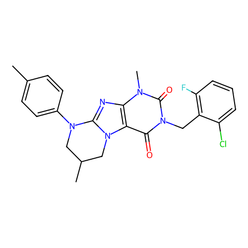 3-(2-chloro-6-fluorobenzyl)-1,7-dimethyl-9-(4-methylphenyl)-6,7,8,9-tetrahydropyrimido[2,1-f]purine-2,4(1H,3H)-dione structure