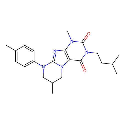 1,7-dimethyl-3-(3-methylbutyl)-9-(4-methylphenyl)-6,7,8,9-tetrahydropyrimido[2,1-f]purine-2,4(1H,3H)-dione structure