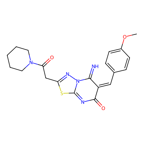 (E)-5-imino-6-(4-methoxybenzylidene)-2-(2-oxo-2-(piperidin-1-yl)ethyl)-5H-[1,3,4]thiadiazolo[3,2-a]pyrimidin-7(6H)-one structure