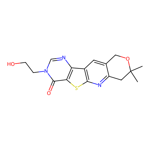 3-(2-hydroxyethyl)-8,8-dimethyl-7,10-dihydro-8H-pyrano[3'',4'':5',6']pyrido[3',2':4,5]thieno[3,2-d]pyrimidin-4(3H)-one structure