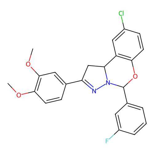 9-chloro-2-(3,4-dimethoxyphenyl)-5-(3-fluorophenyl)-1,10b-dihydropyrazolo[1,5-c][1,3]benzoxazine structure