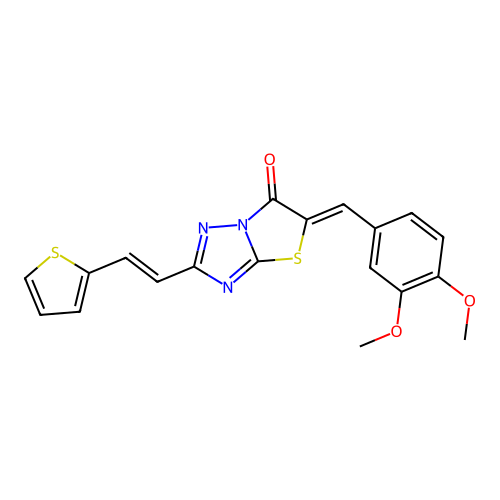 (5Z)-5-(3,4-dimethoxybenzylidene)-2-[(E)-2-(thiophen-2-yl)ethenyl][1,3]thiazolo[3,2-b][1,2,4]triazol-6(5H)-one structure