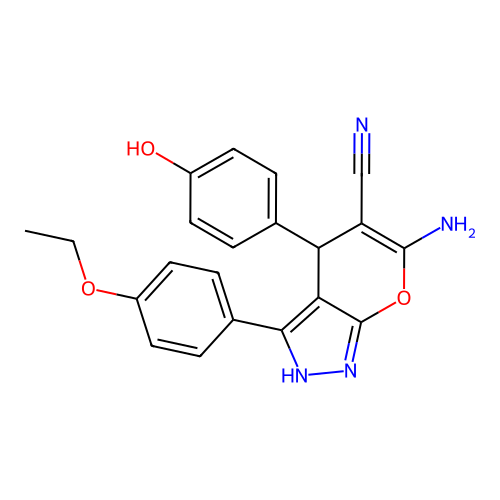 6-amino-3-(4-ethoxyphenyl)-4-(4-hydroxyphenyl)-1,4-dihydropyrano[2,3-c]pyrazole-5-carbonitrile structure