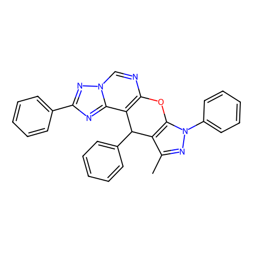 10-methyl-2,8,11-triphenyl-8,11-dihydropyrazolo[4',3':5,6]pyrano[3,2-e][1,2,4]triazolo[1,5-c]pyrimidine structure