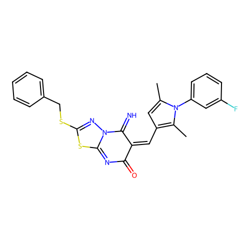 (E)-2-(benzylthio)-6-((1-(3-fluorophenyl)-2,5-dimethyl-1H-pyrrol-3-yl)methylene)-5-imino-5H-[1,3,4]thiadiazolo[3,2-a]pyrimidin-7(6H)-one structure