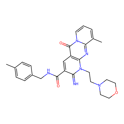 6-imino-11-methyl-N-[(4-methylphenyl)methyl]-7-(2-morpholin-4-ylethyl)-2-oxo-1,7,9-triazatricyclo[8.4.0.03,8]tetradeca-3(8),4,9,11,13-pentaene-5-carboxamide structure