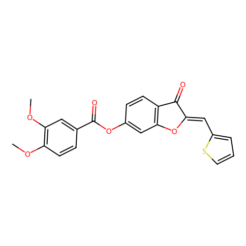 (Z)-3-oxo-2-(thiophen-2-ylmethylene)-2,3-dihydrobenzofuran-6-yl 3,4-dimethoxybenzoate structure